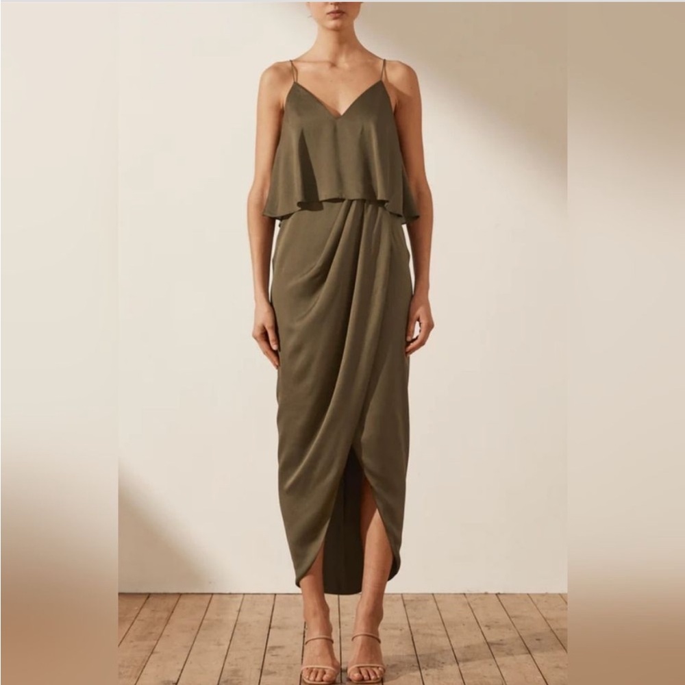 Shona Joy Luxe Cocktail Frill Dress in Pine